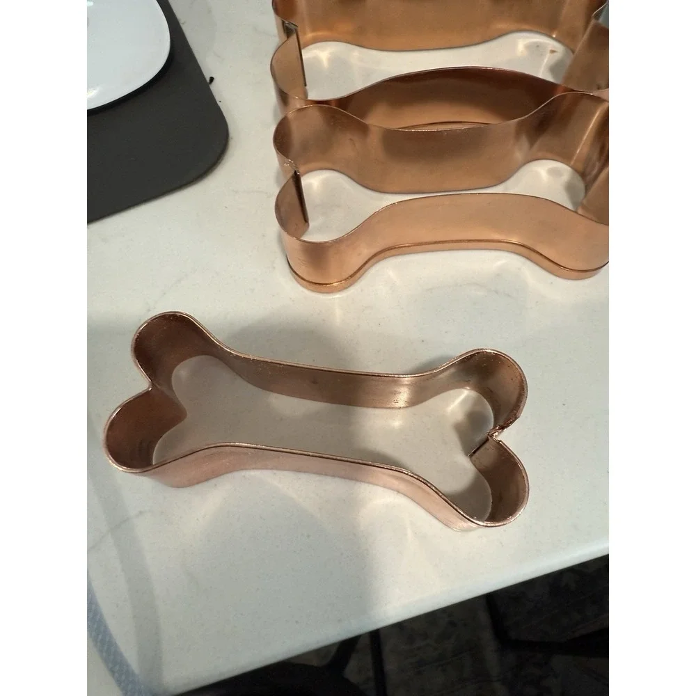 Bone shaped Copper Cookie Cutters Dog Biscuits Lot of 3 + Tin & Recipe